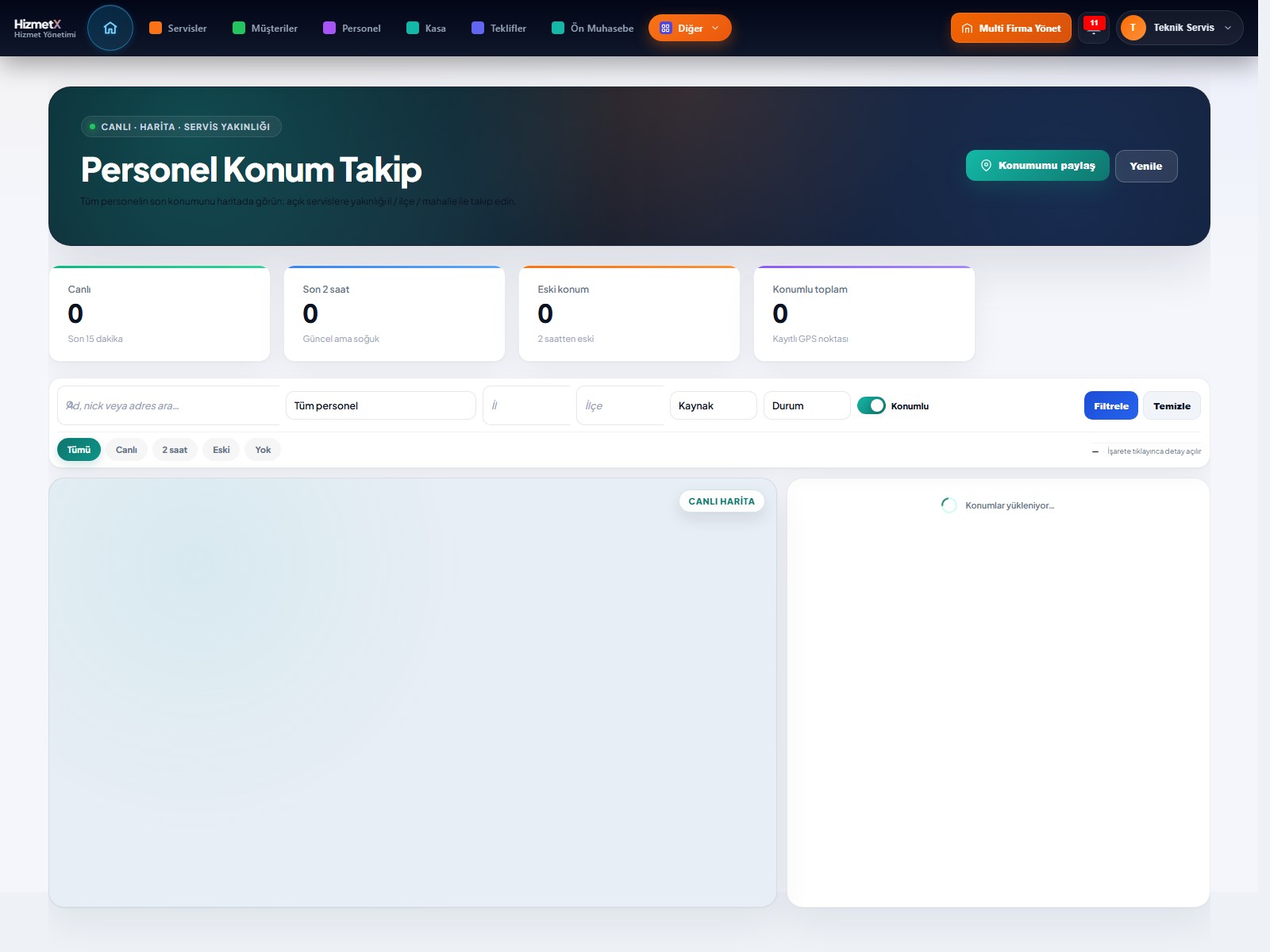 HizmetX personel konum takip ekranı