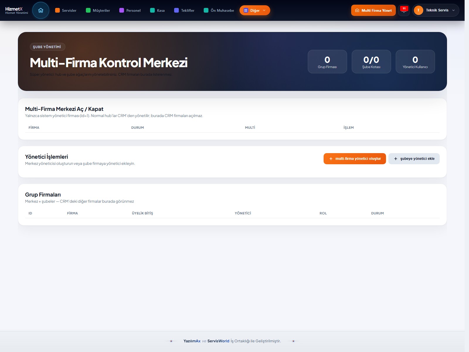 HizmetX multi firma ekranı