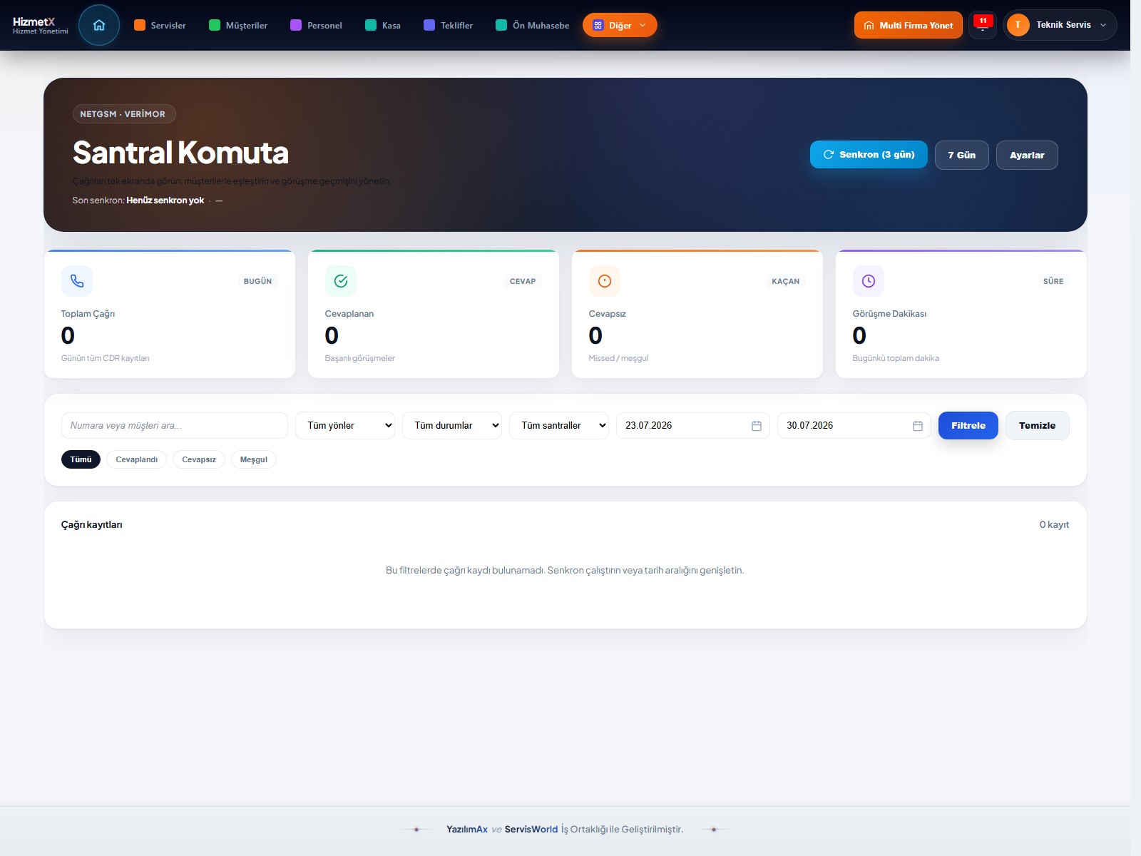 HizmetX santral komuta ekranı