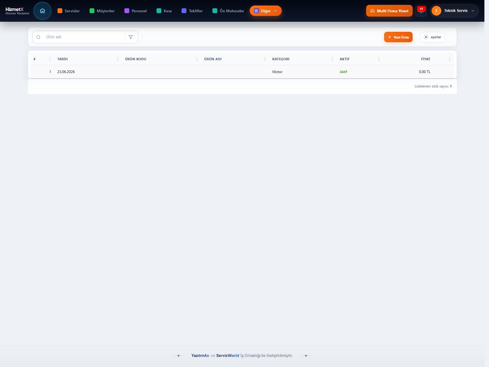 HizmetX stok listesi ekranı